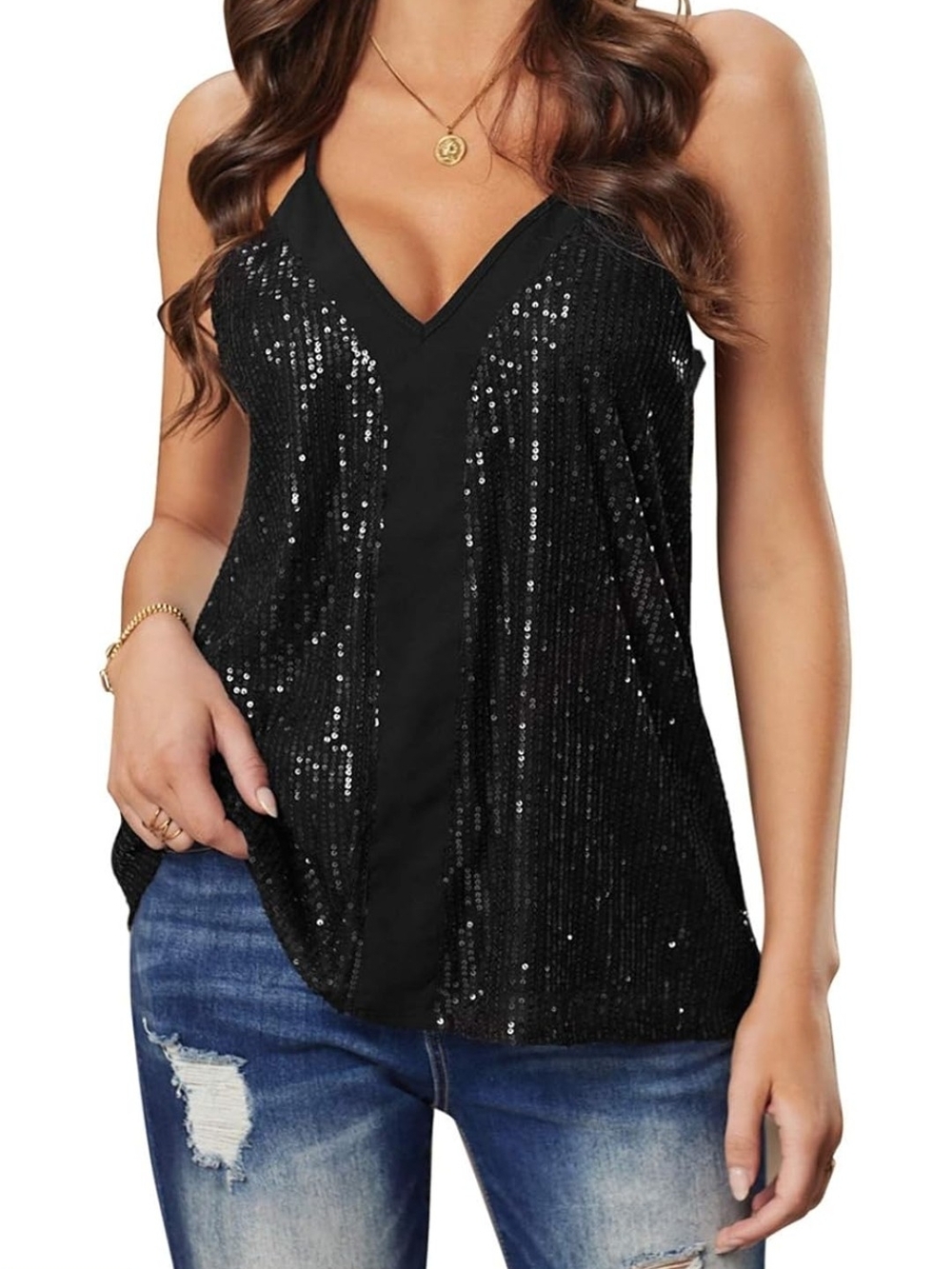 Women's Black Sequin V-Neck Cami - Sparkle Evening Top